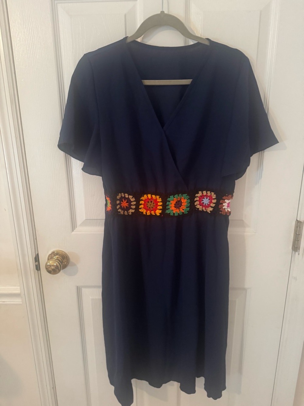 Navy Short Sleeve Dress with Colorful Crochet Waistband